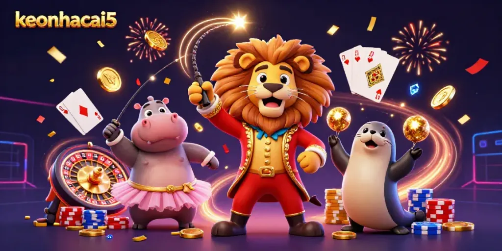 Experience the excitement of keonhacai5 with a vibrant 3D illustration featuring a circus lion and casino elements.