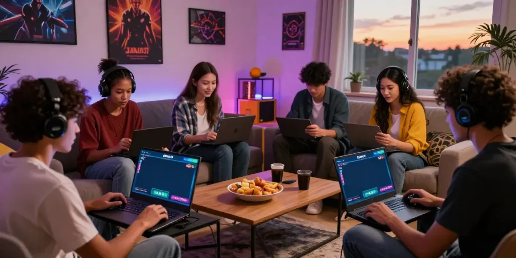 Friends excitedly playing together on Janji33 daftar in a lively living room.