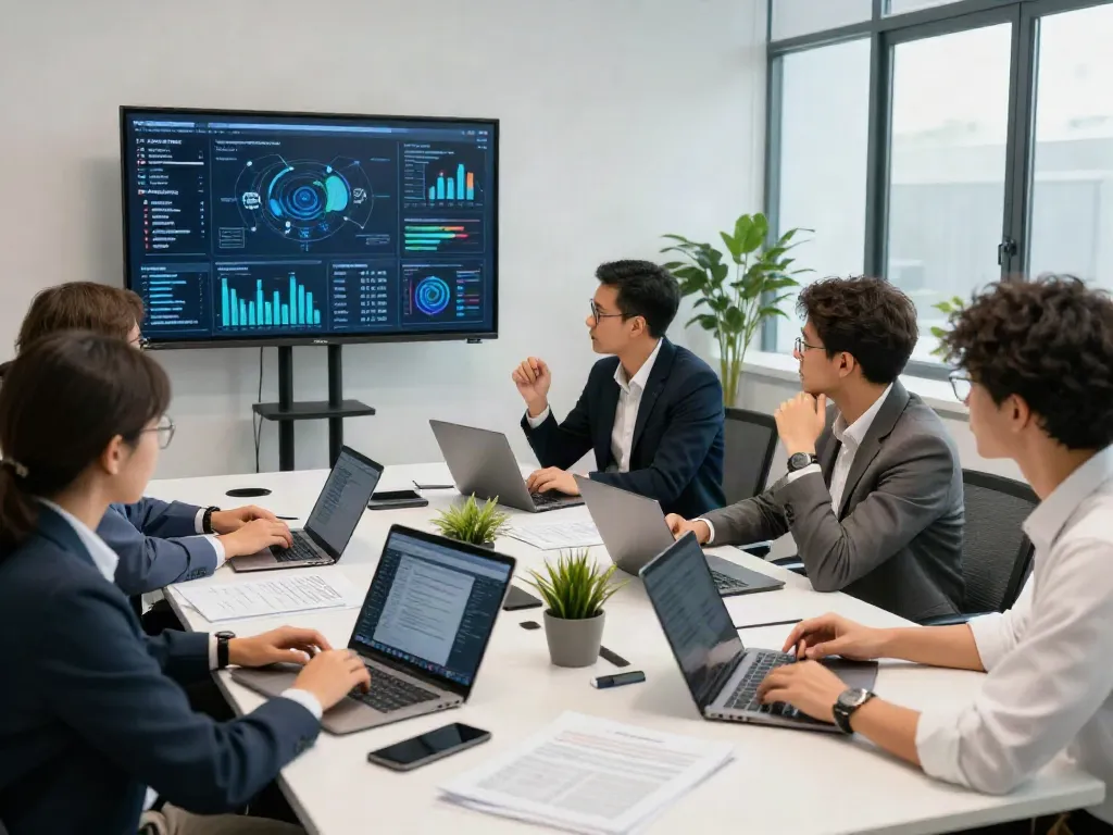 Team collaborating on business and technology insights at istana 404 in a dynamic office atmosphere.