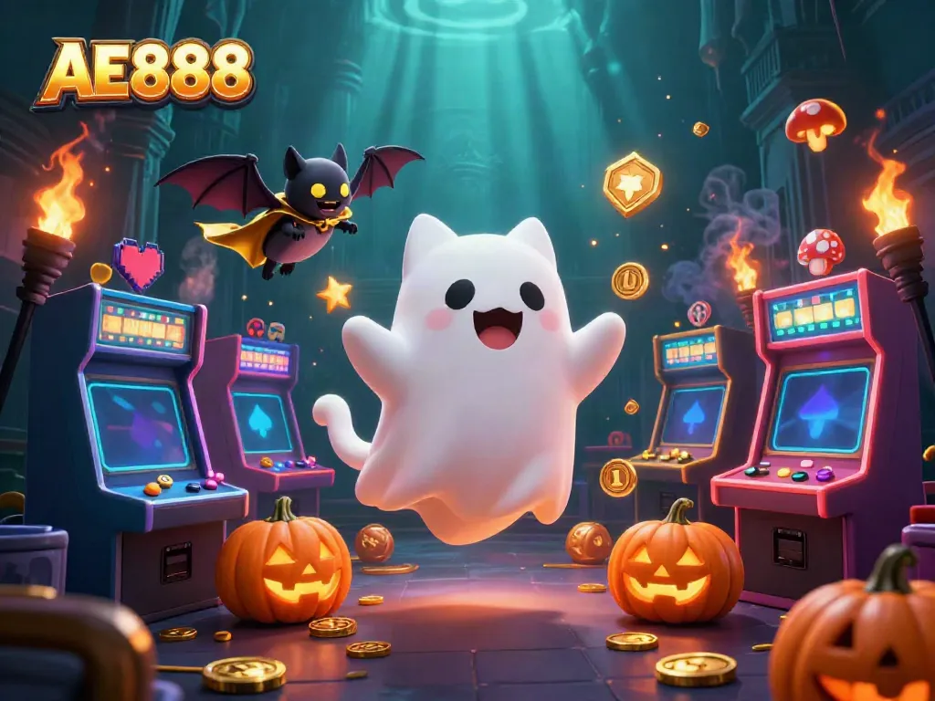Engage with AE888's lively casino adventure featuring a ghost cat and themed elements.