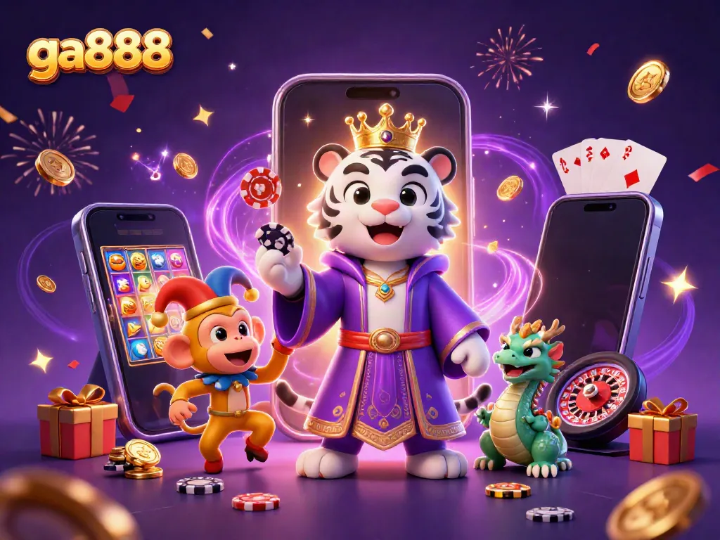 Engage in thrilling gameplay with ga888 featuring a majestic tiger, playful monkey, and a jade dragon in a vibrant casino setting.
