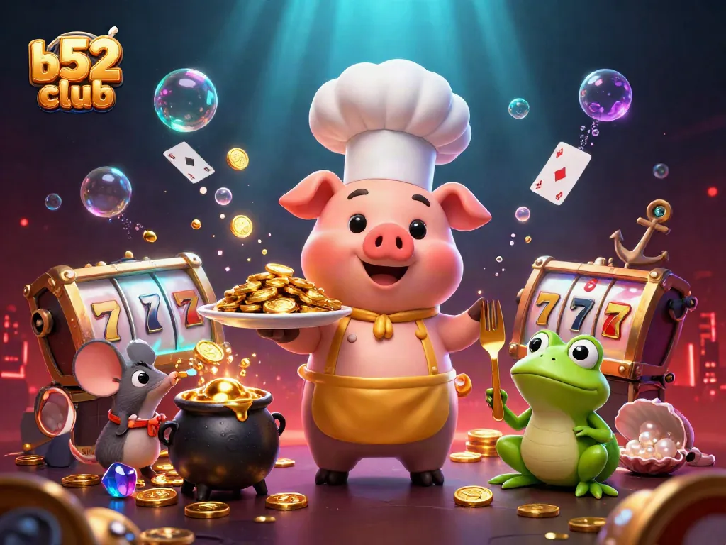 Bets soar as the b52club's chef pig serves up golden winnings in a vibrant casino underwater scene.