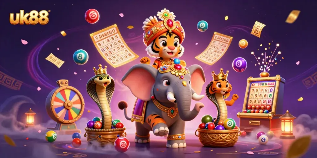 uk88 gaming scene featuring a maharaja tiger, elephant, and cobra amidst vibrant lottery elements