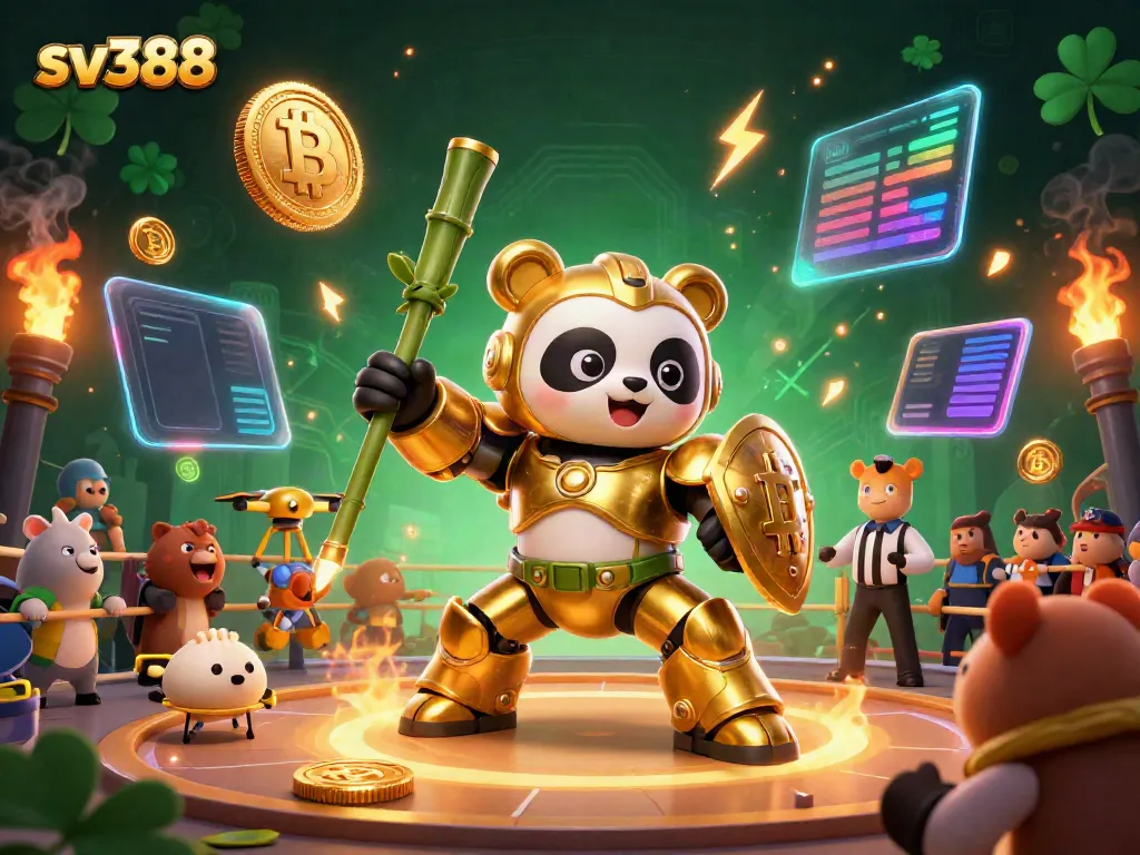Experience exhilarating cockfighting action at sv388 with mech-suit panda battling in a vibrant arena.