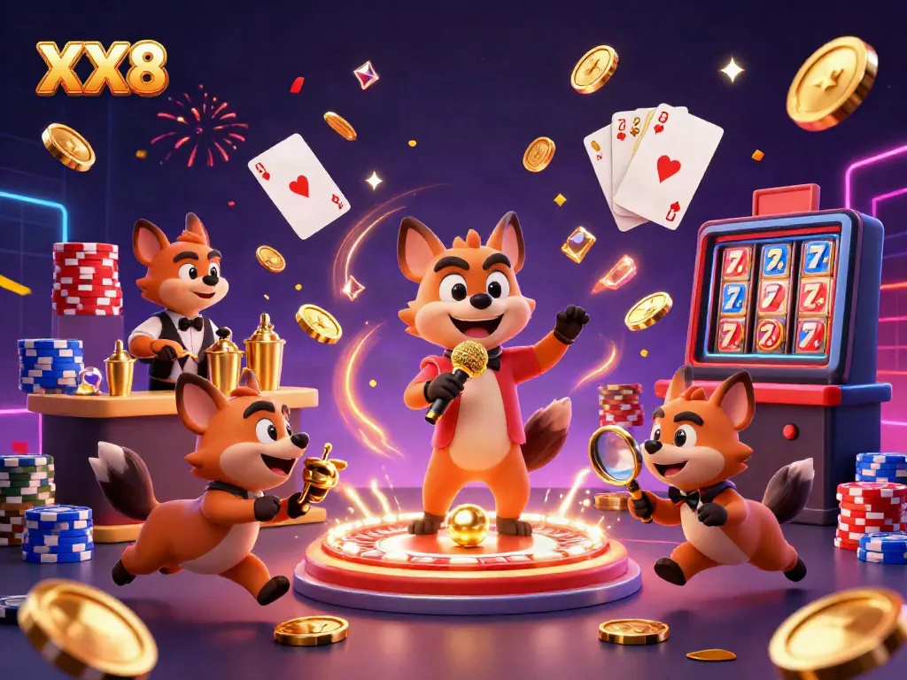 Join the fun at XX8 comedy casino featuring hyenas, golden coins, and vibrant games!