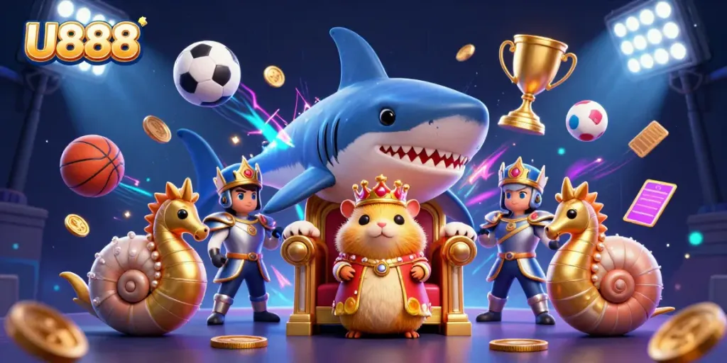 Experience the thrill of U888 with this vibrant 3D illustration featuring a fierce hamster king surrounded by dynamic sports elements.
