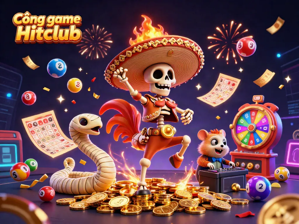 Cổng game Hitclub showcases a vibrant, celebratory 3D scene with dynamic characters, gambling elements, and festive details.