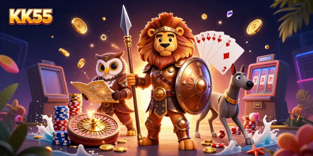 Engage with KK55's thrilling casino experience featuring a Spartan lion and tactical owl in action.