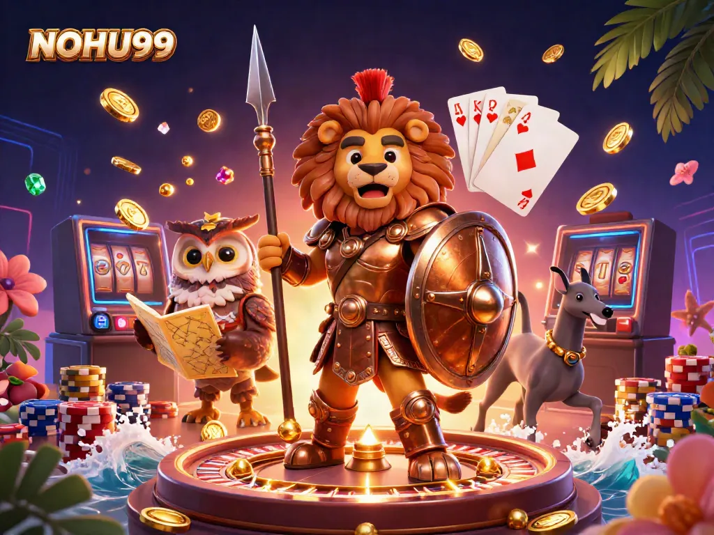 NoHU99 offers dynamic casino action with golden coins, spinning roulette, and vibrant gameplay elements.