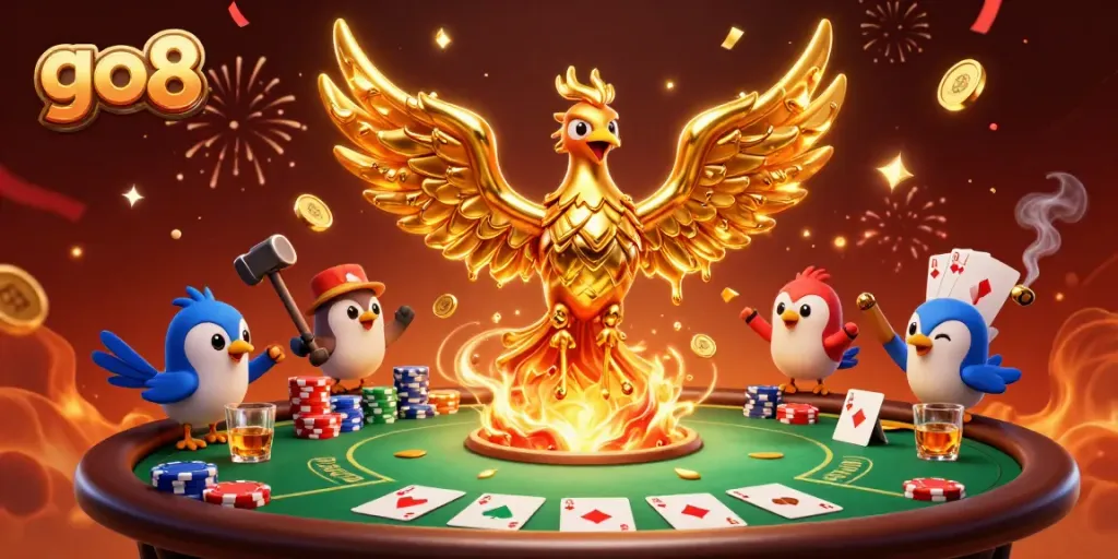 Join the excitement at go8 with a dynamic illustration showcasing a golden phoenix and poker elements in a vibrant casino setting.