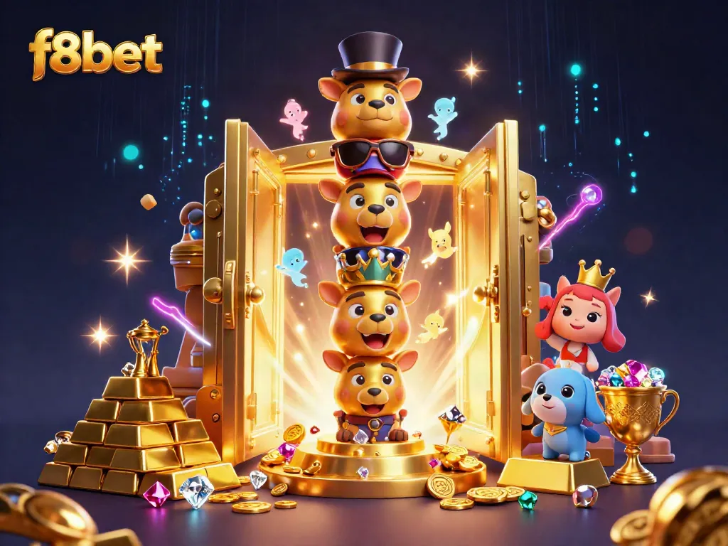Experience exciting gameplay with f8bet's 3D totem pole casino illustration showcasing gold treasures and dynamic energy.