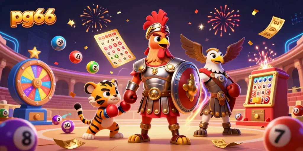 Engage with pg66's vibrant 3D gambling showdown: a gladiator rooster, tiger cub, and eagle celebrate with colorful lottery elements!