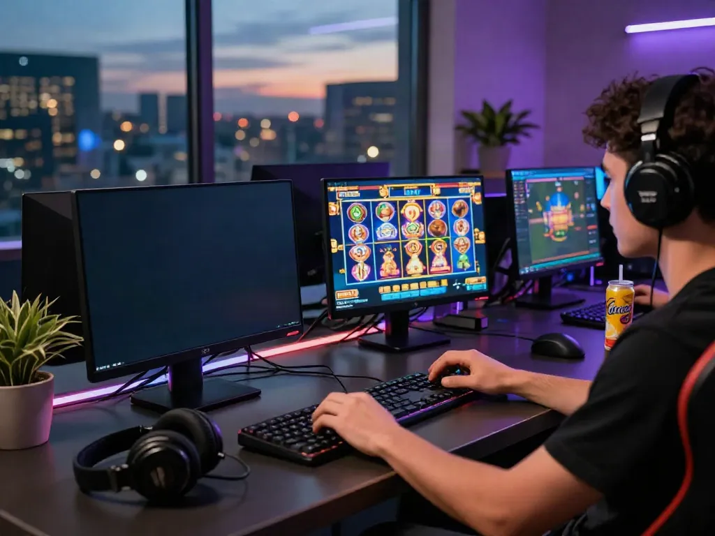 Dynamic gaming setup illustrating server Thailand with vibrant slot games.