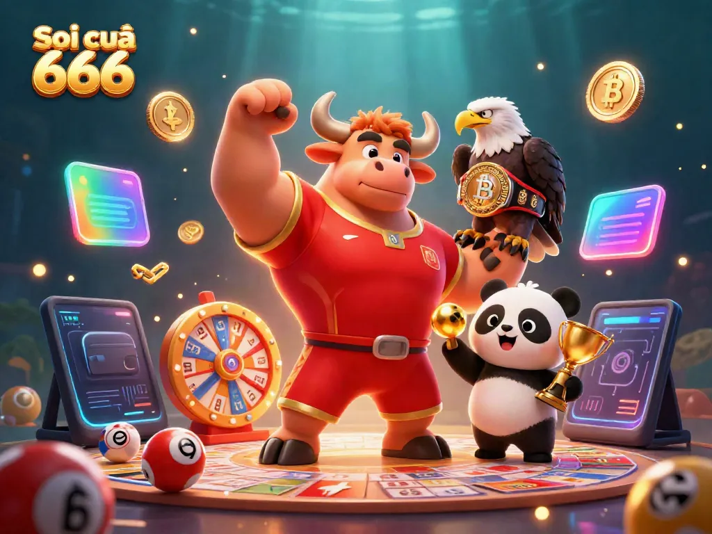 Soi cầu 666 lottery analysis illustration featuring bull mascot and panda trophy.