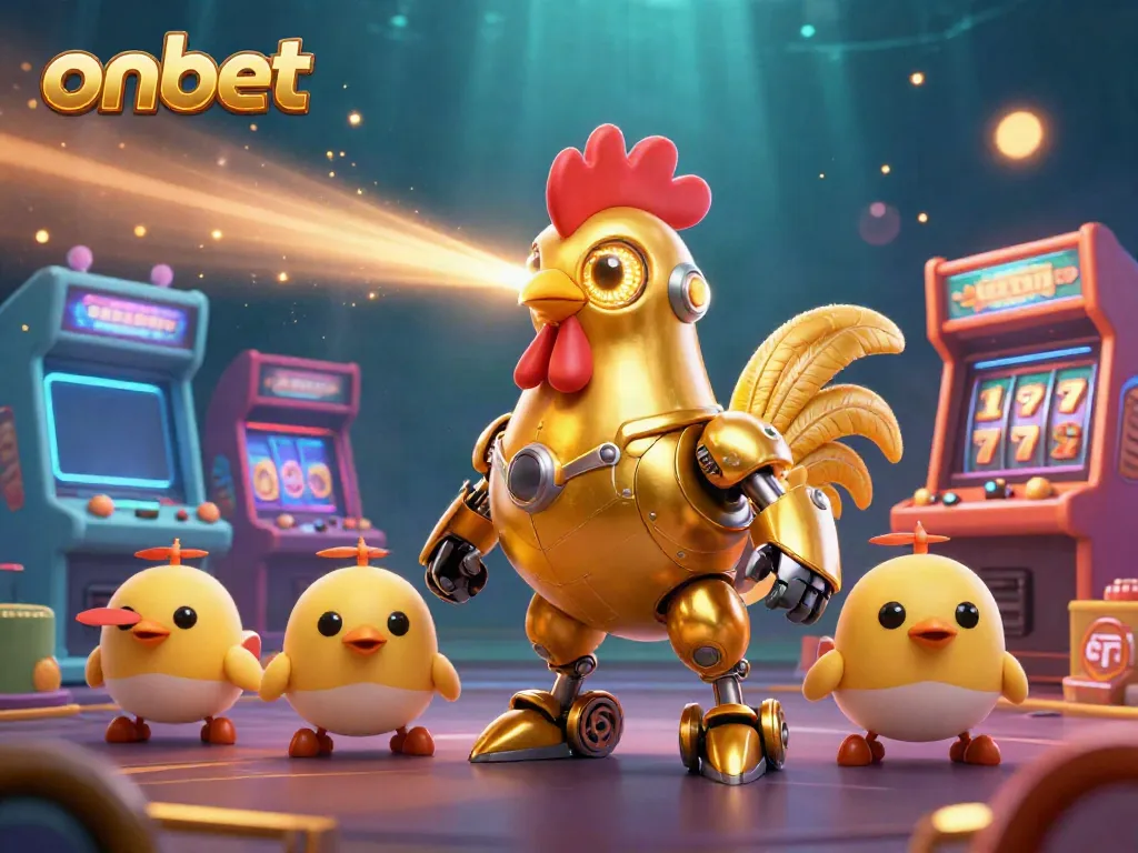 Experience thrilling gaming action with onbet's vibrant 3D casino illustration showcasing a golden rooster robot and arcade elements.