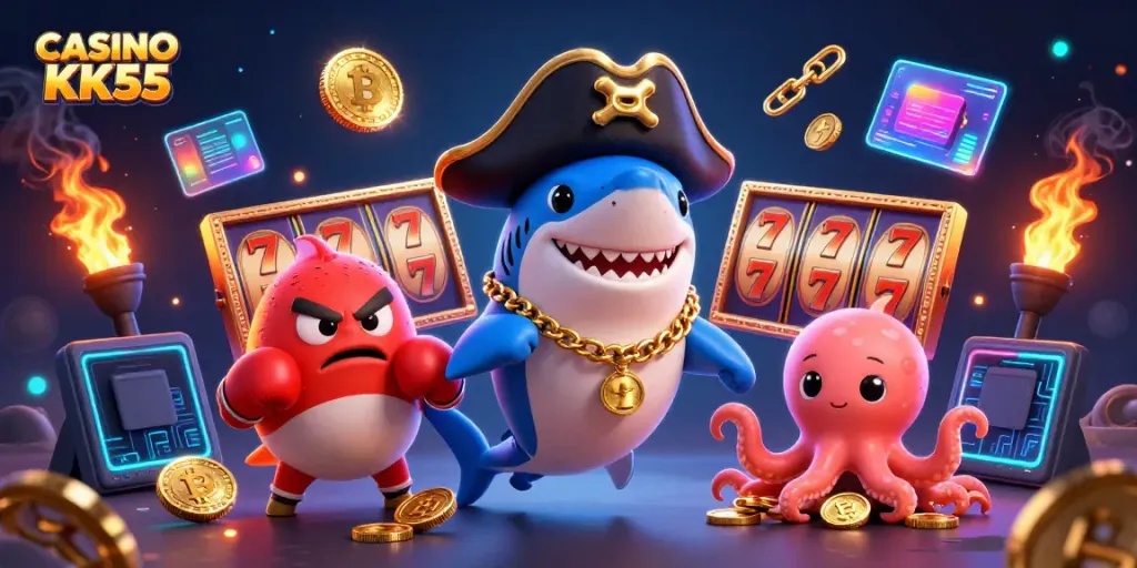 Engage with CASINO KK55 featuring a pirate shark, pufferfish, and octopus amidst vibrant gaming elements.