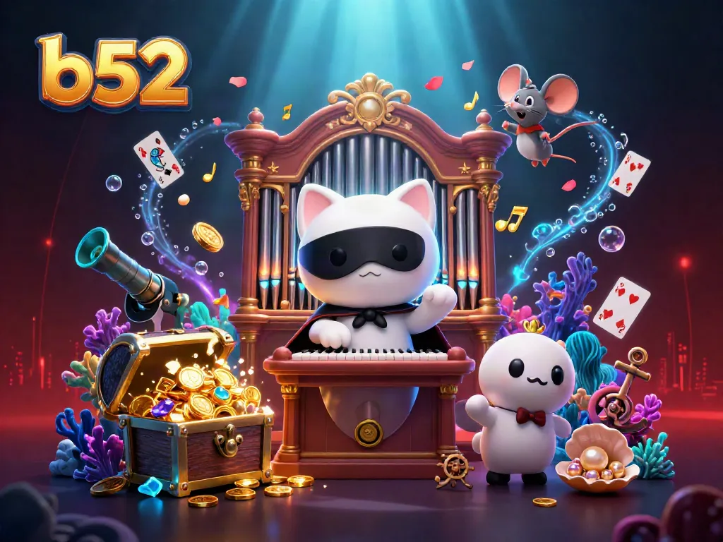 B52-themed casino scene featuring a phantom cat at an organ, floating cards, and gold coins exploding.