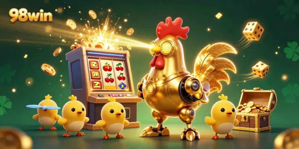 Experience excitement at 98win with a dynamic 3D scene of a golden rooster robot and gaming symbols.