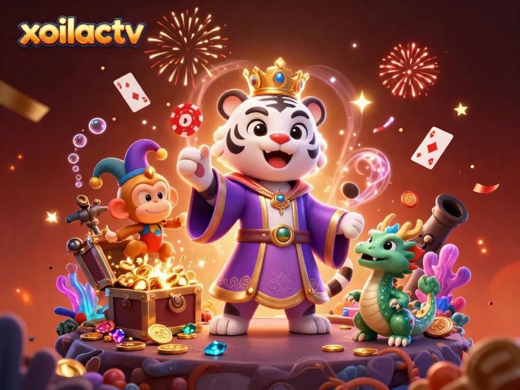 Xoilactv showcases exciting 3D cartoon characters amidst a playful gambling scene, creating a thrilling atmosphere.