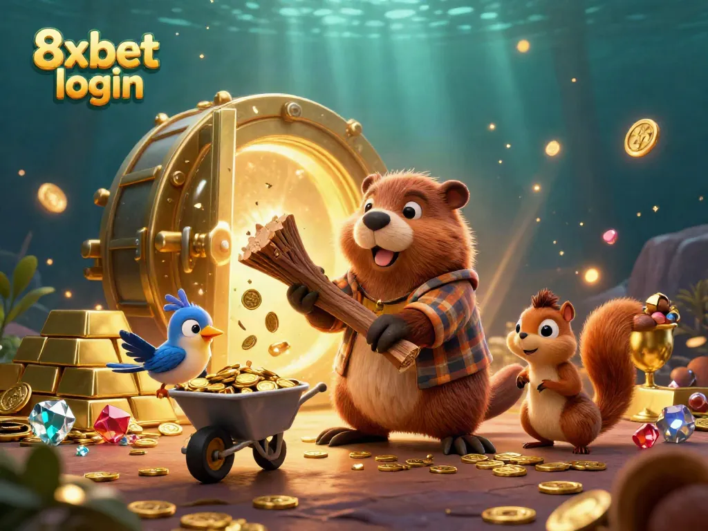 Experience the thrill of 8xbet login with cartoon characters surrounded by treasure and lucky symbols in this vibrant illustration.