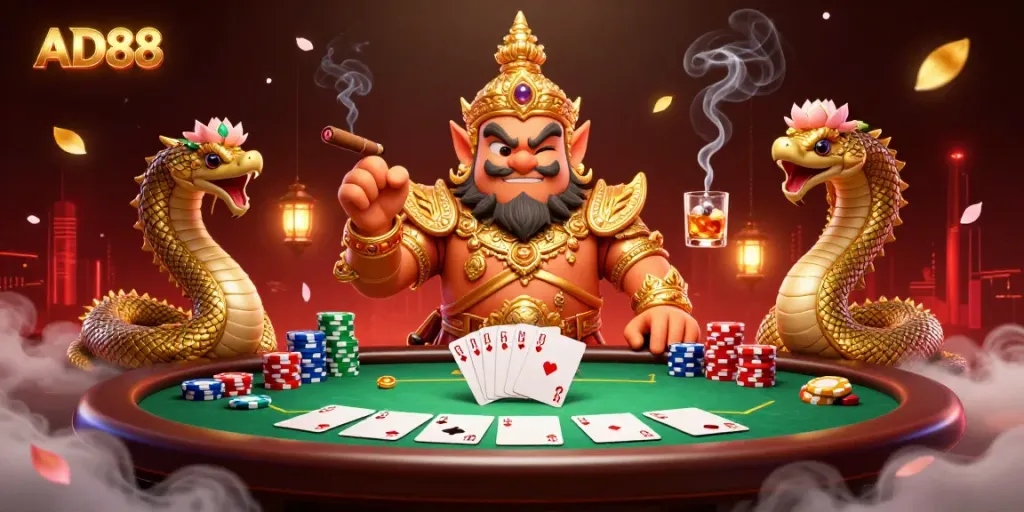 Experience the thrilling ambiance of AD88 with vibrant poker scenes and dynamic characters.