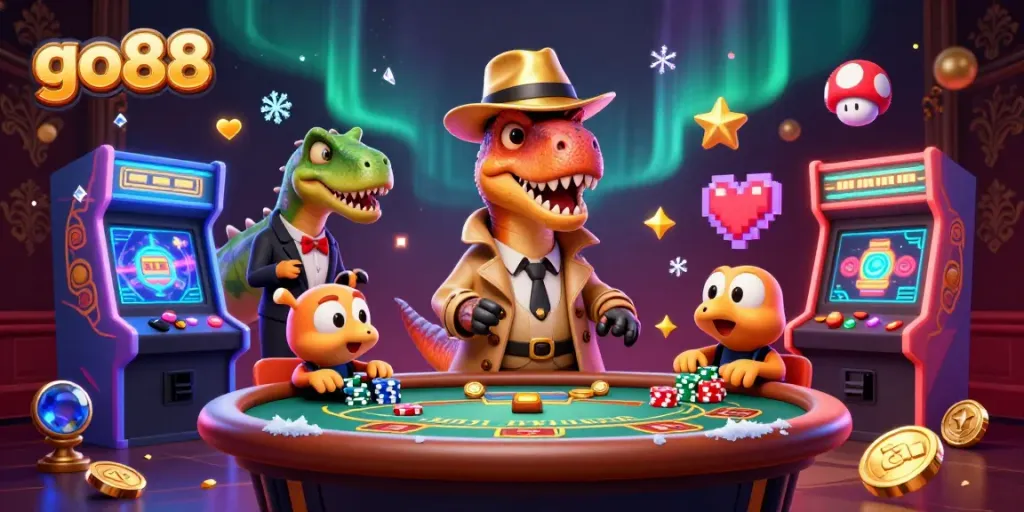 Experience go88's vibrant gaming scene with a stealthy velociraptor and a suspicious pit boss.