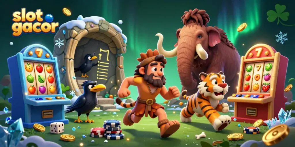 Slot gacor yang mengasyikkan di kasino prasejarah dengan karakter lucu dan elemen permainan.