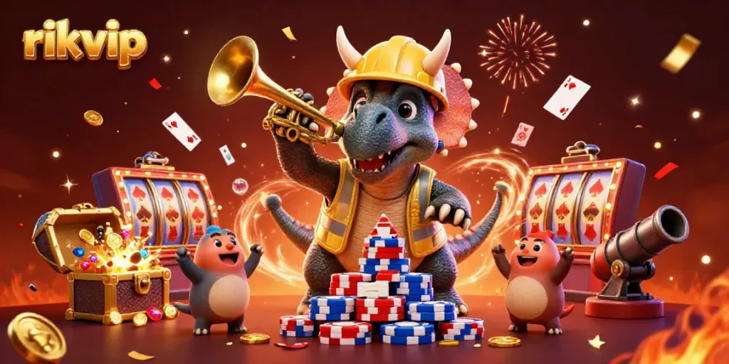 Join the celebration at rikvip with vibrant 3D characters building poker chip pyramids amidst cascading slot reels and confetti.