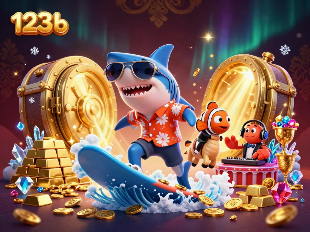 Experience the high-energy casino vibes with 123 b, featuring a shark surfing gold coins amid dazzling gems and vibrant characters.