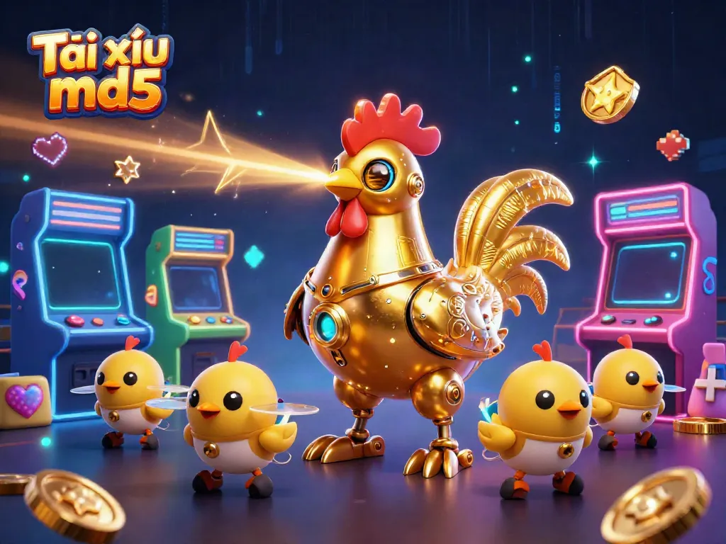 Engage with Tài xỉu md5's thrilling adventure featuring a futuristic golden rooster robot amidst a vibrant casino scene.