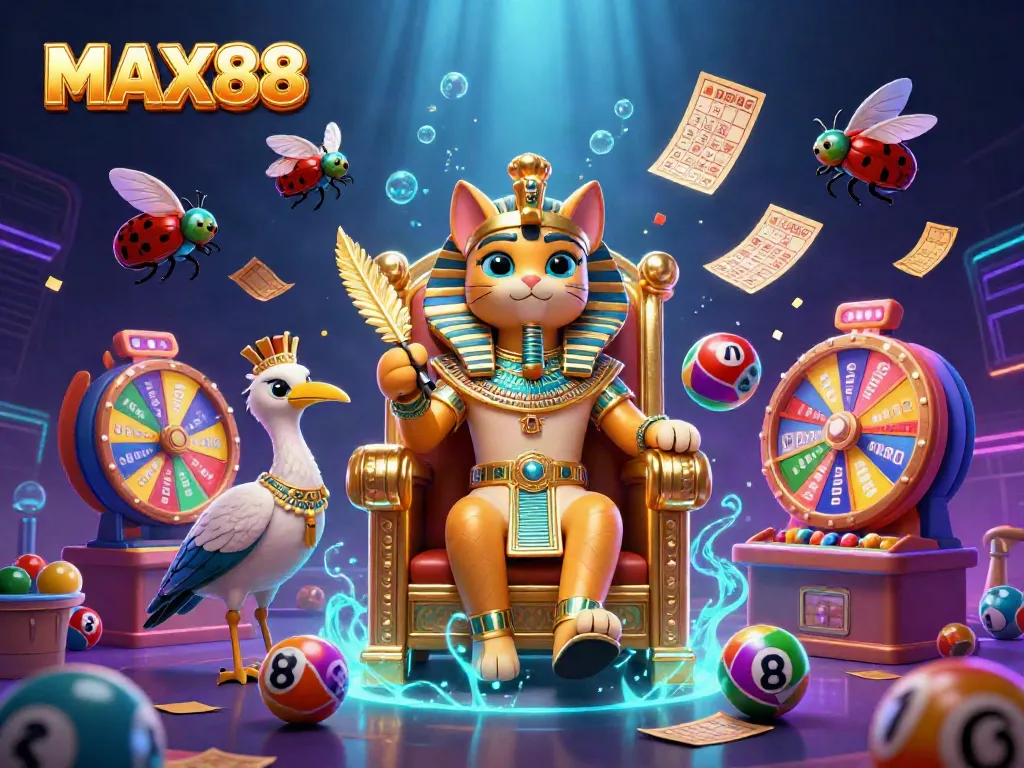 Experience the vibrant casino atmosphere with MAX88 as the Egyptian pharaoh cat presides over dynamic lottery and bingo elements.