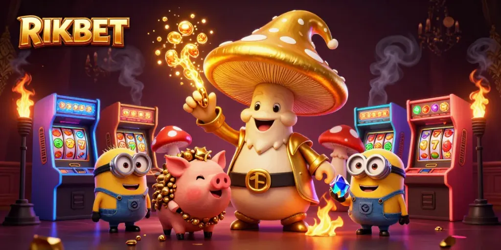 Experience the magic of RIKBET with a golden wizard, treasure pig, and colorful casino elements.