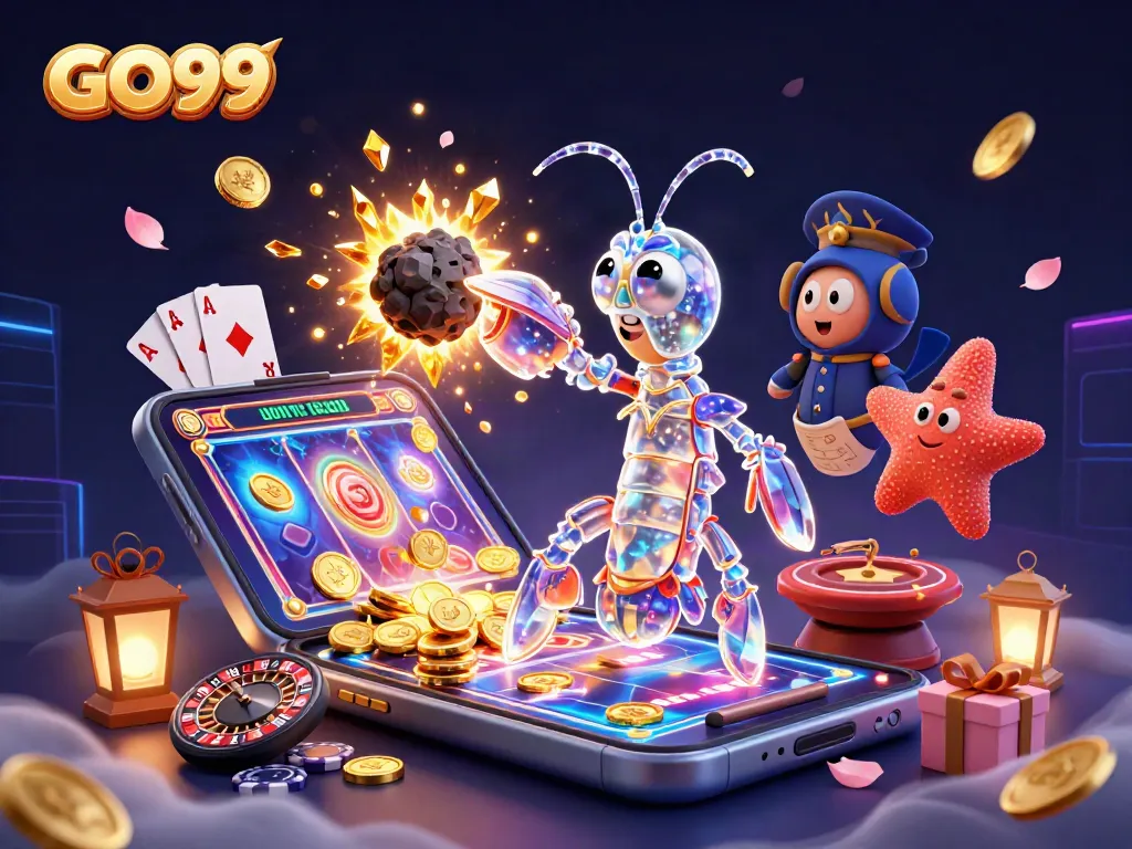GO99 offers thrilling gaming experiences featuring a galactic samurai shrimp amidst golden gems and dynamic slot games.