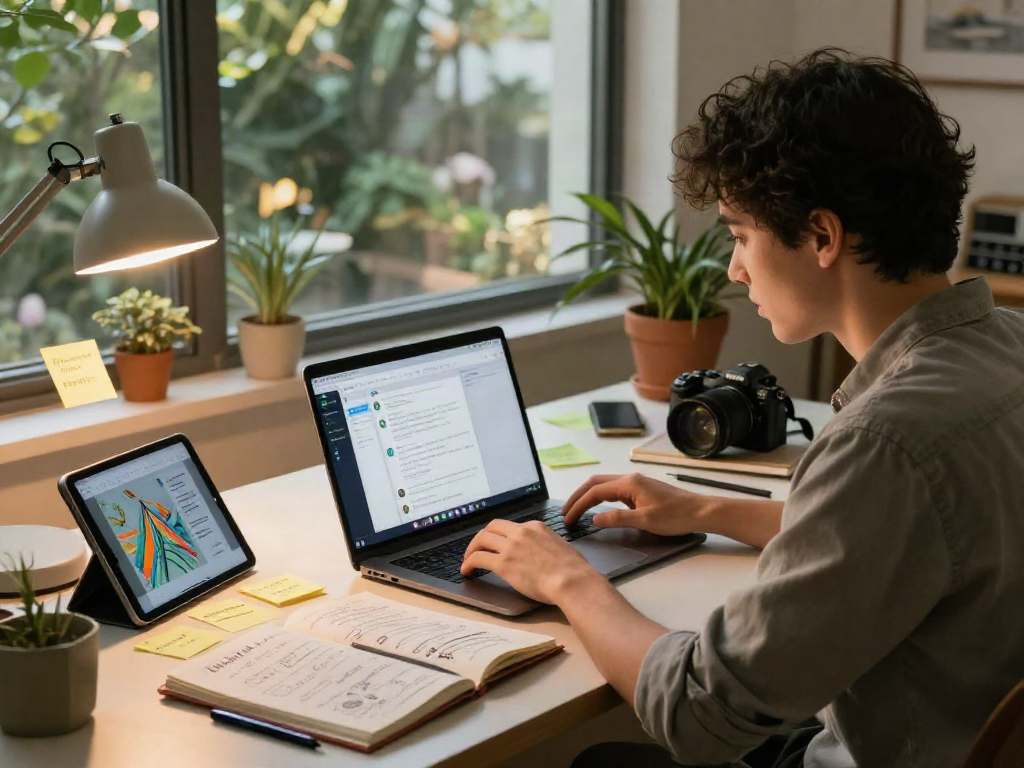 Engaging in an AI chat nsfw environment with a modern digital workspace and vibrant atmosphere.
