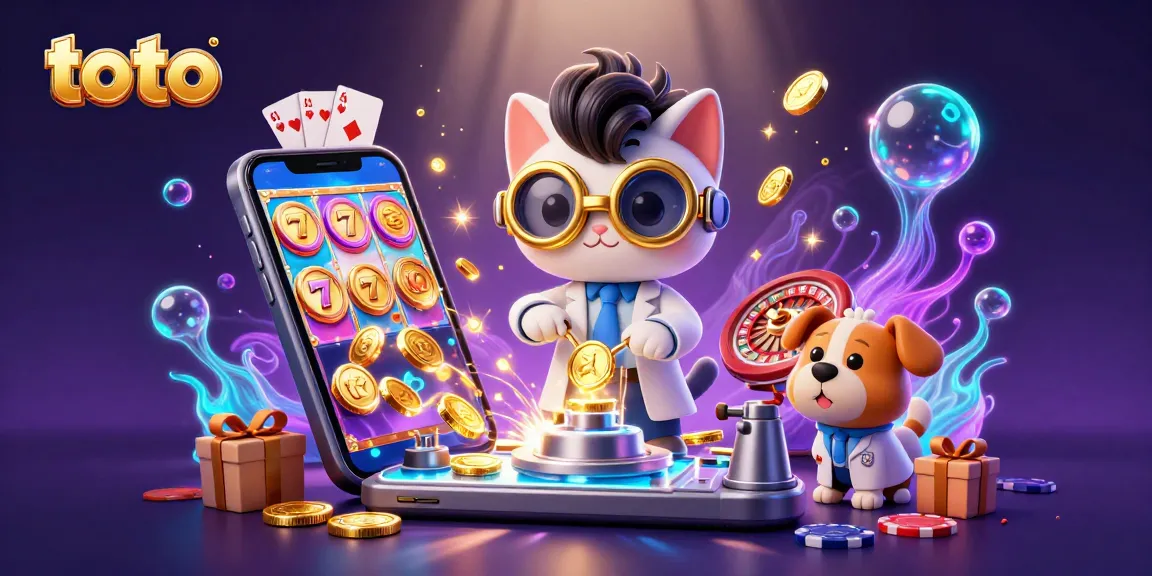 Engage with toto in a vibrant casino scene with a scientist cat and assistant dog creating winning slots.