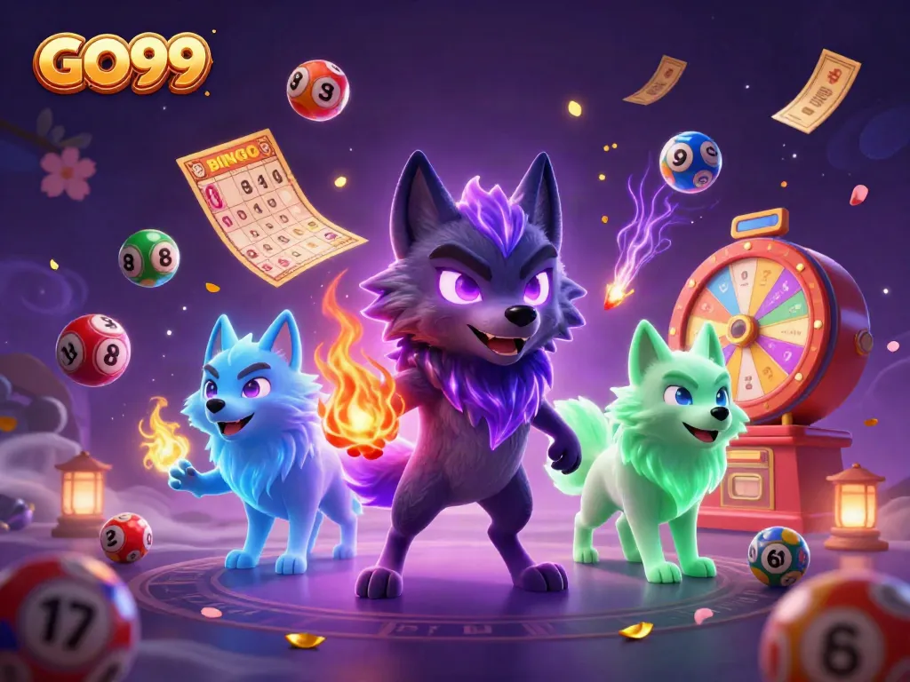 Experience the thrilling atmosphere of GO99 with vibrant colors and dynamic casino elements in this 3D illustration.