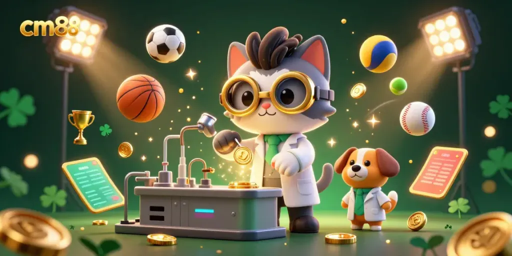 Engage in thrilling gameplay with cm88, featuring a mad scientist cat and lab assistant dog amid sports elements and gold coins.