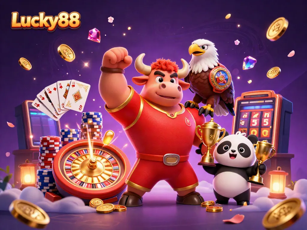 Experience exciting wins with Lucky88's vibrant casino adventure featuring a bull mascot, eagle, and panda.
