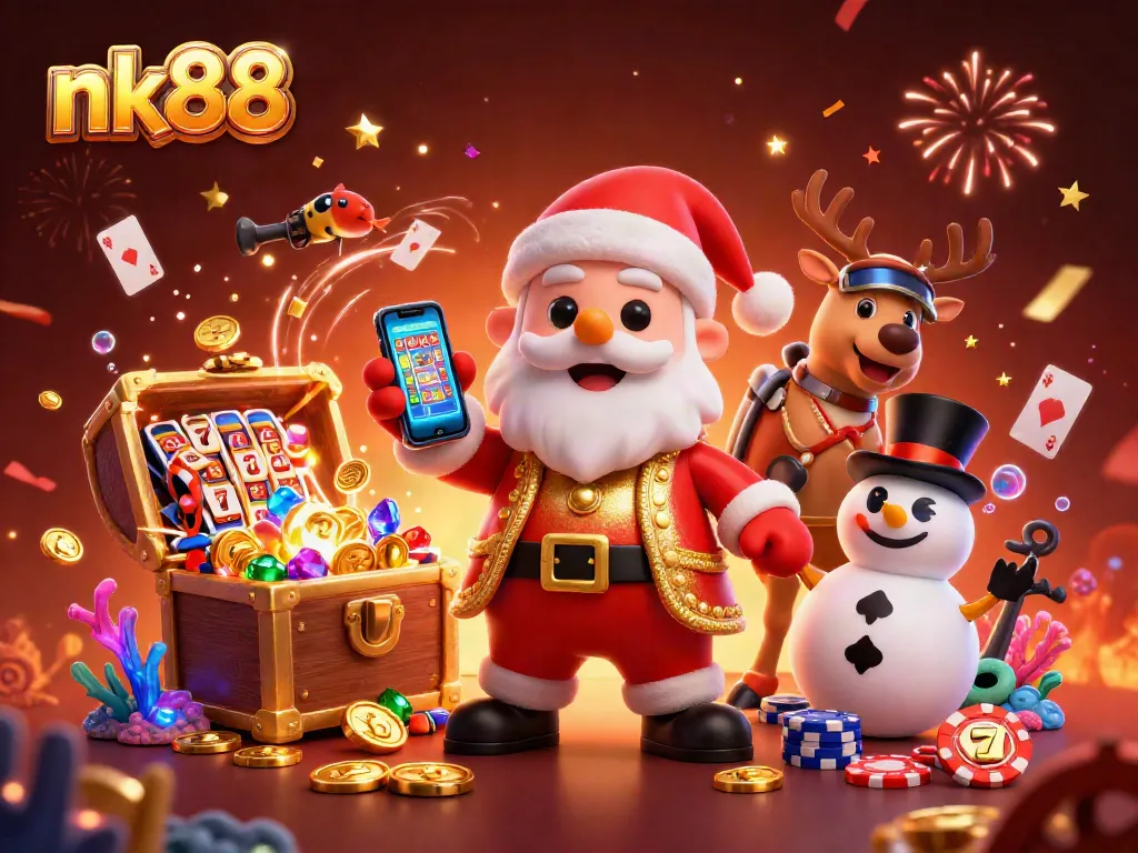 Join nk88 in festive gaming action with Santa, a reindeer dealer, and a poker chip snowman!