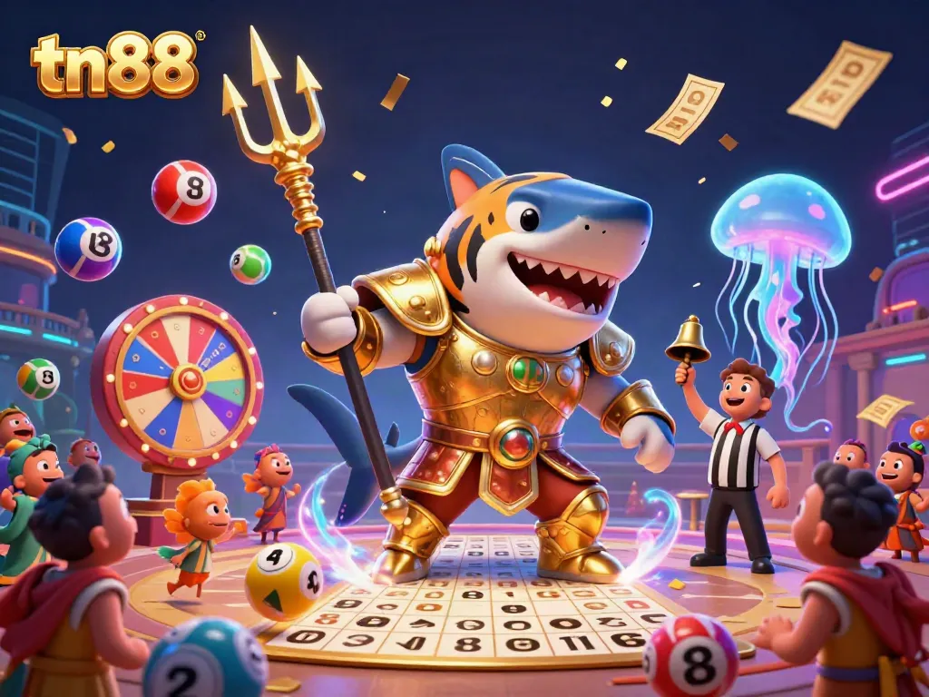 Experience the colorful dynamics of tn88's underwater casino fantasy with a tiger shark in gladiator armor.