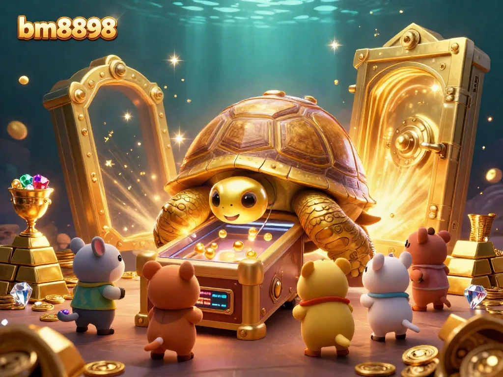 Engage with the dynamic casino scene featuring bm8898's colossal golden tortoise pinball machine, captivating players.