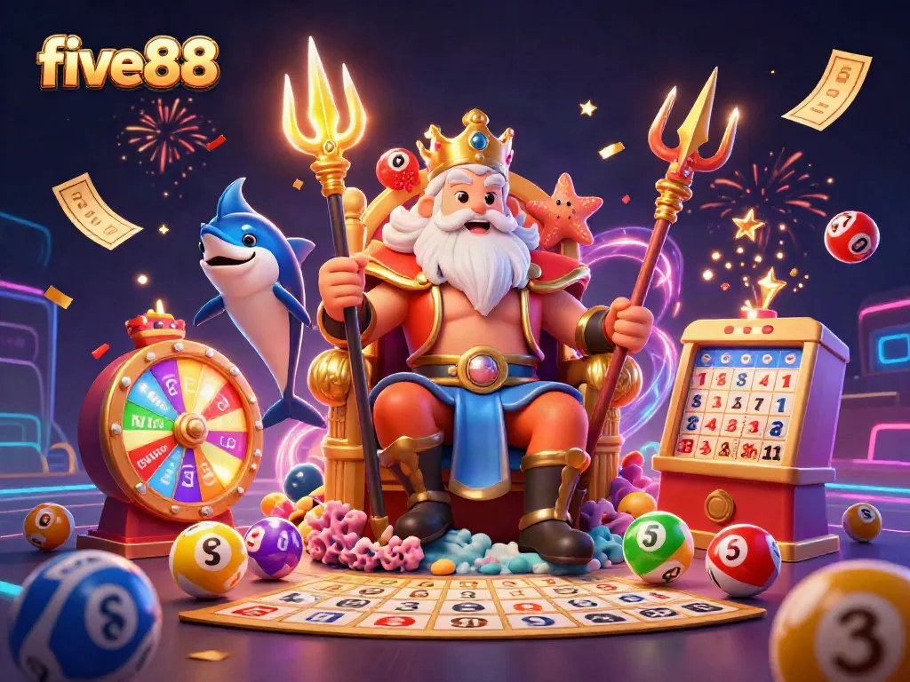 Experience the excitement of five88's gaming universe with vibrant lottery elements and characters in 3D.