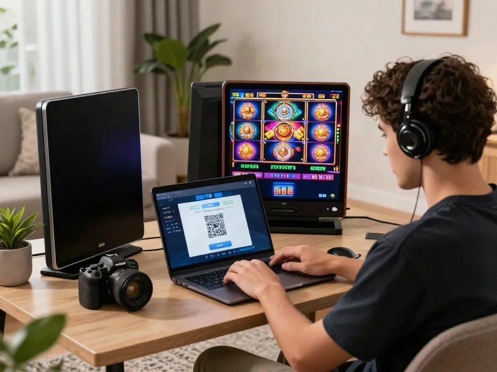 Engaged player enjoying slot88 games on a laptop with QRIS payment on smartphone.