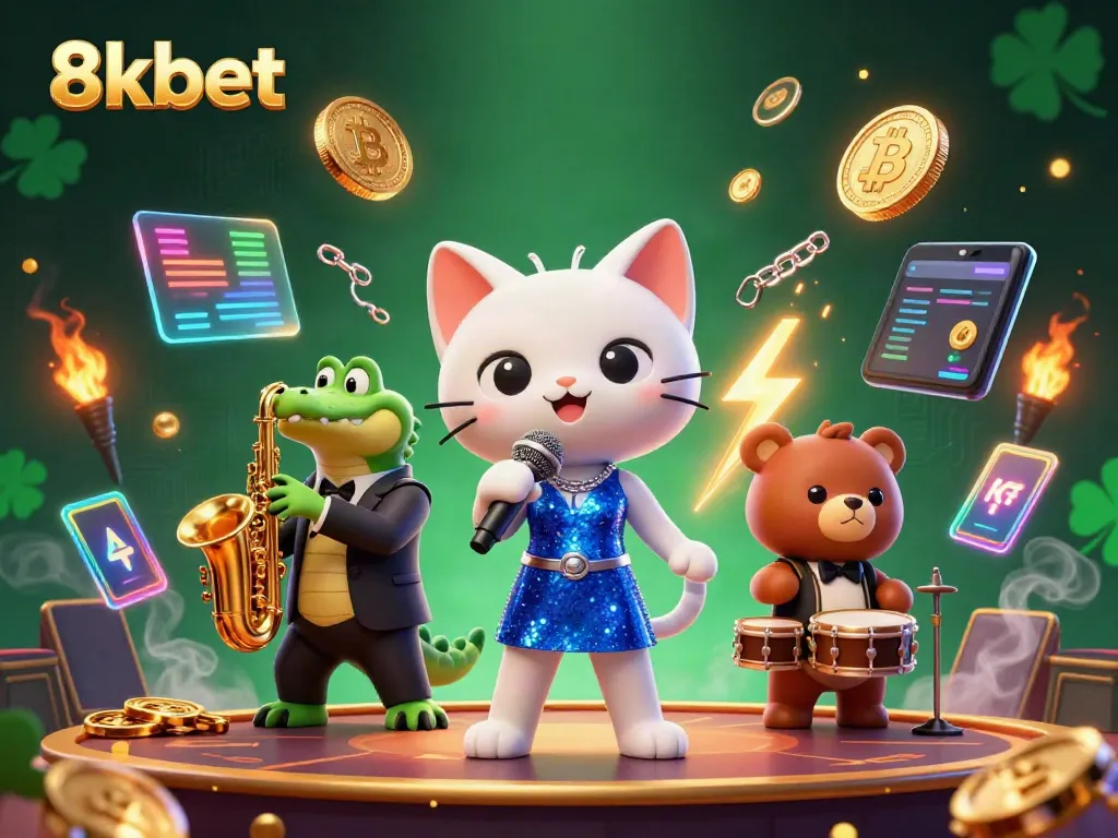 Experience the exciting world of 8kbet with a vibrant 3D illustration of animated characters in a casino setting.