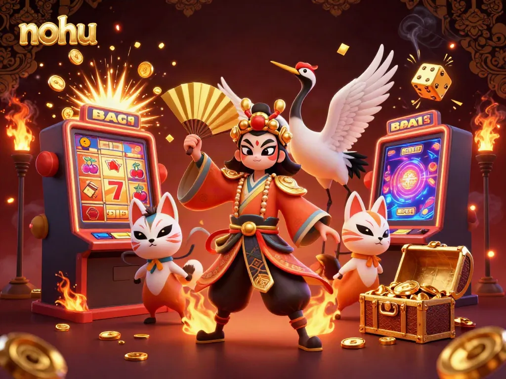 Nohus's exciting jackpot celebration featuring vibrant characters among slot game elements.